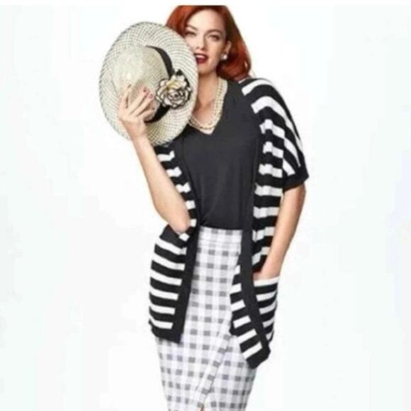 CAbi Sweaters - Cabi Whistle Navy Blue & White Striped Long Line Cardigan Sweater Small Coastal